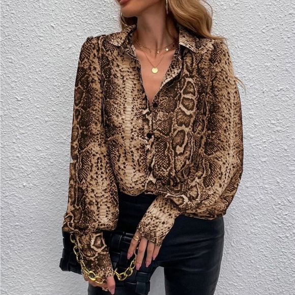 Snakeskin Print Cuffed Long Sleeve Sheer Top Blouse Button Down Shirt - Picture 8 of 12